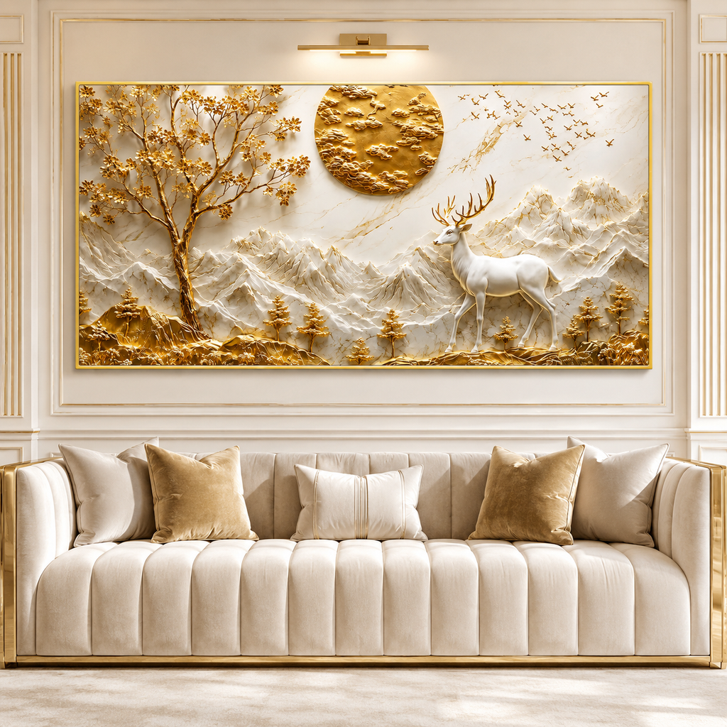 Elegant 3D Deer and Mountain Wall Art with Golden Moon and Tree Decoration