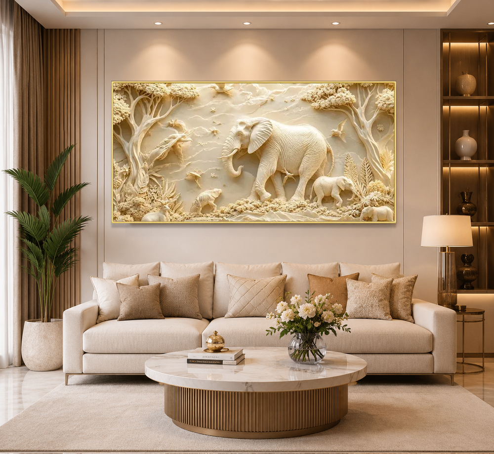 Luxury Elephant 3D Textured Wall Painting with Forest Wildlife Theme