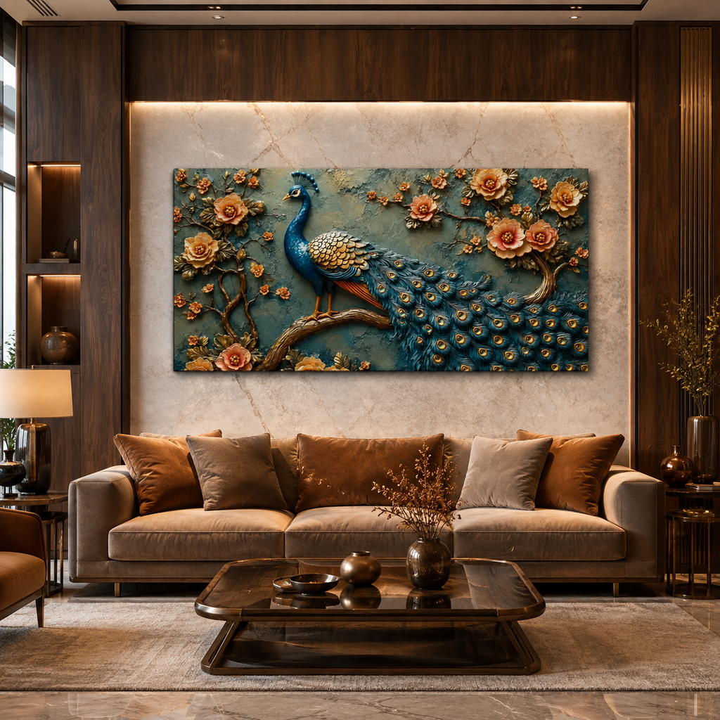 Luxury Royal Blue Peacock 3D Embossed Canvas Decor Frame Home