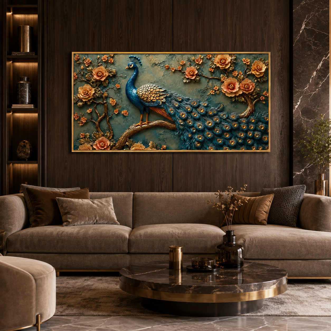 Luxury Royal Blue Peacock 3D Embossed Canvas Decor Frame Home