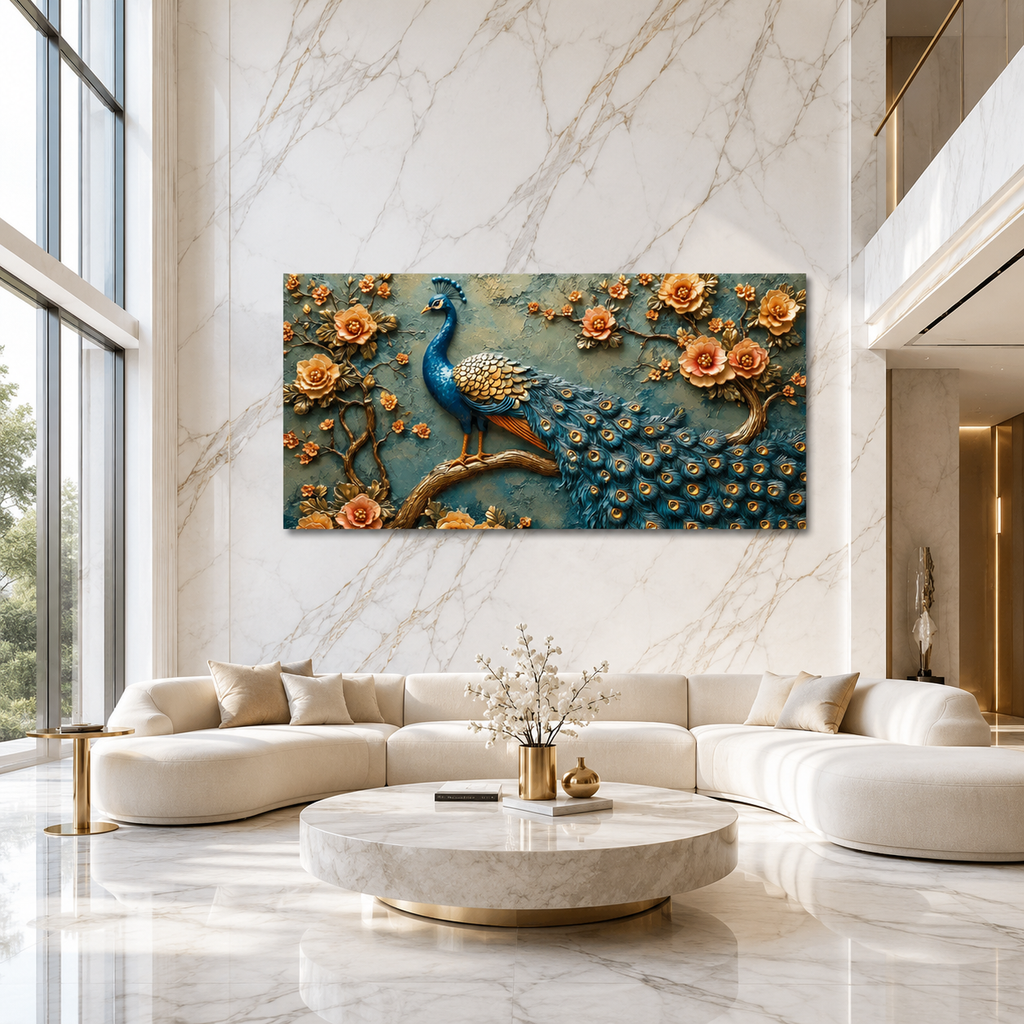 Luxury Royal Blue Peacock 3D Embossed Canvas Decor Frame Home