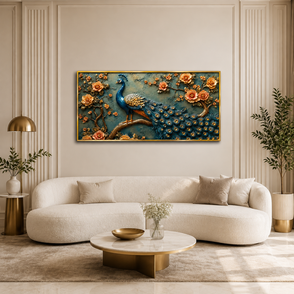 Luxury Royal Blue Peacock 3D Embossed Canvas Decor Frame Home