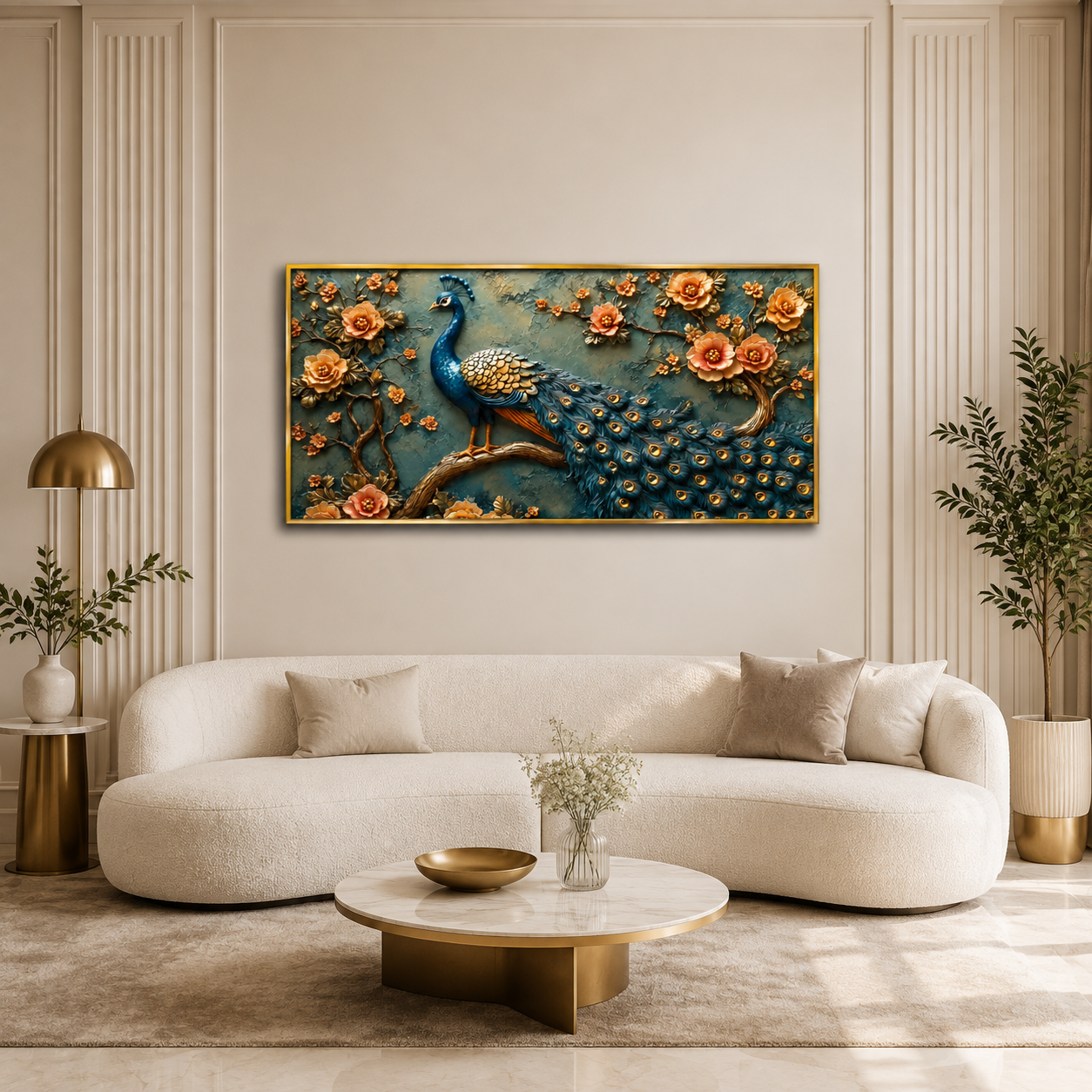 Luxury Royal Blue Peacock 3D Embossed Canvas Decor Frame Home