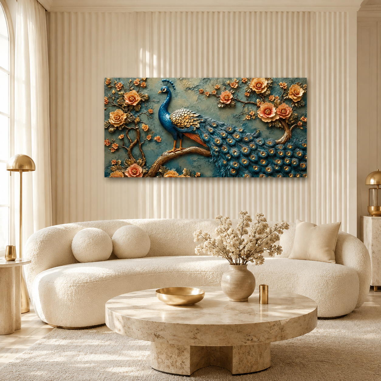 Luxury Royal Blue Peacock 3D Embossed Canvas Decor Frame Home