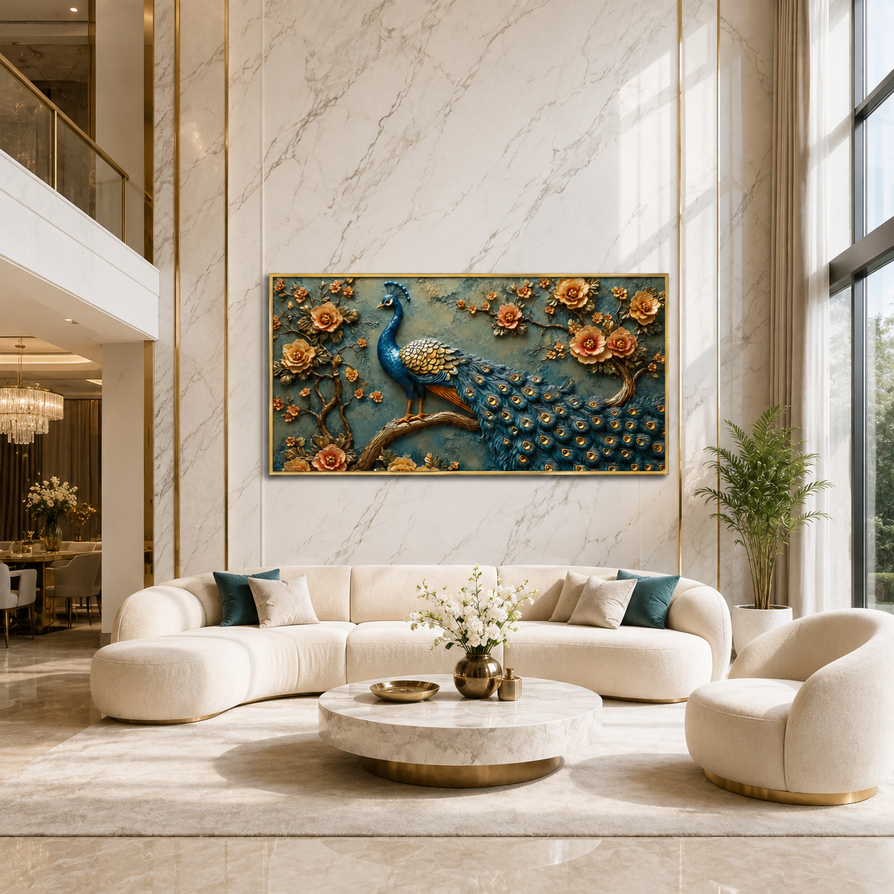 Luxury Royal Blue Peacock 3D Embossed Canvas Decor Frame Home