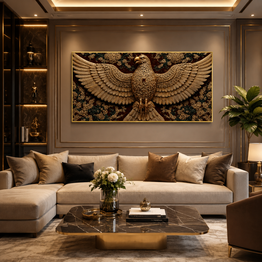 Royal Eagle 3D Wall Art Painting with Gold Embellishments for Luxury Home Interior