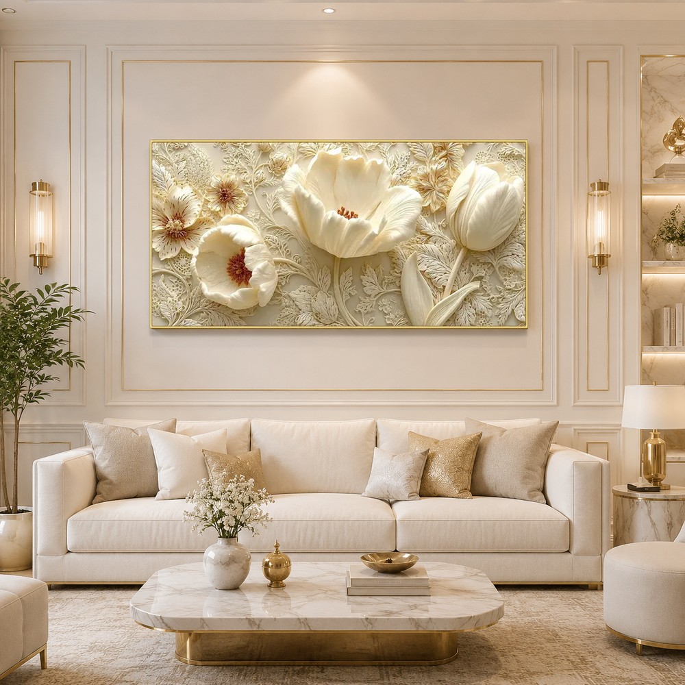 Luxury White Floral 3D Painting | Modern Embossed Flower Artwork for Home Decor