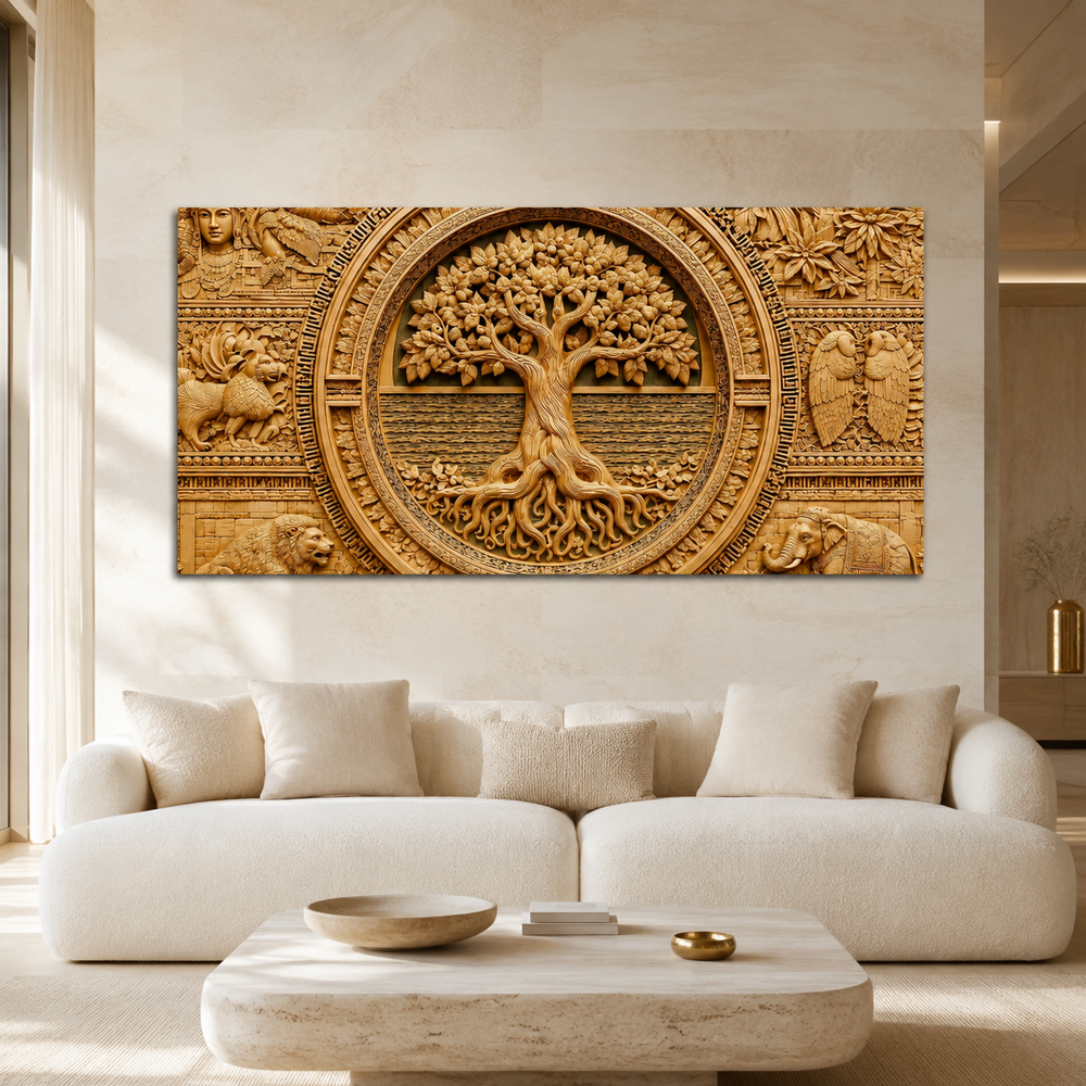 Luxury 3D Tree of Life Wall Art with Ancient Indian Motifs for Living Room Decor