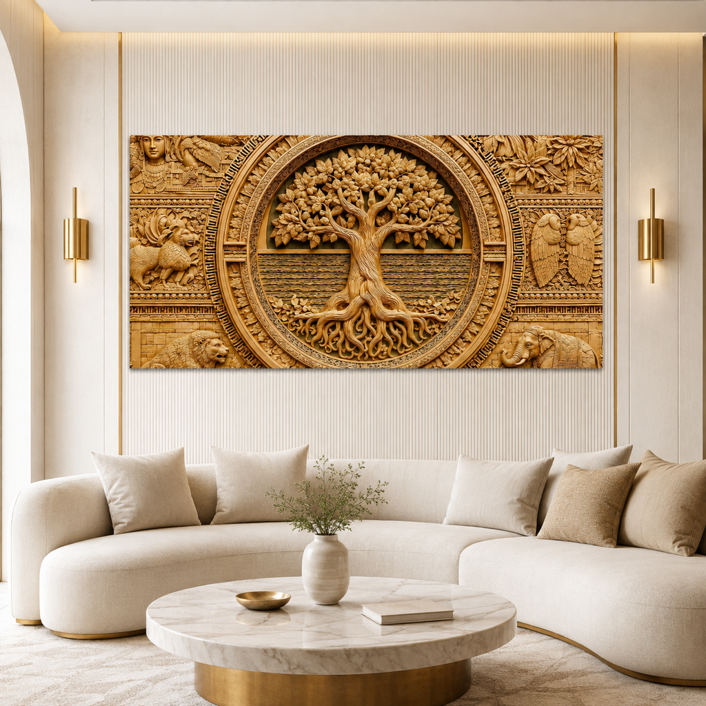 Luxury 3D Tree of Life Wall Art with Ancient Indian Motifs for Living Room Decor