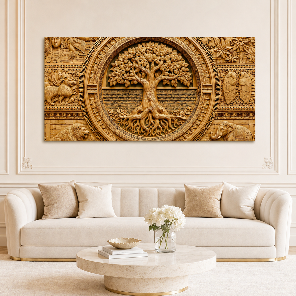 Luxury 3D Tree of Life Wall Art with Ancient Indian Motifs for Living Room Decor