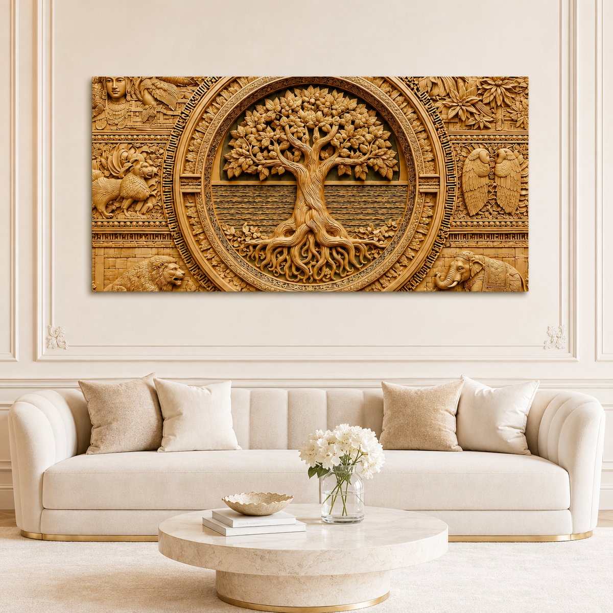 Luxury 3D Tree of Life Wall Art with Ancient Indian Motifs for Living Room Decor