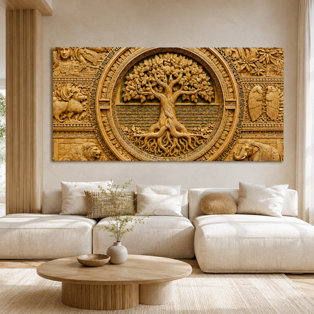 Luxury 3D Tree of Life Wall Art with Ancient Indian Motifs for Living Room Decor