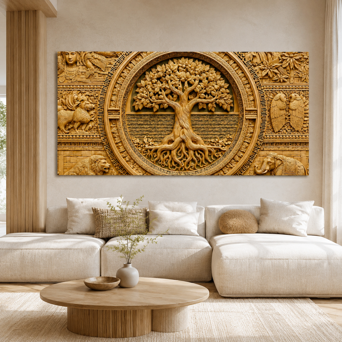 Luxury 3D Tree of Life Wall Art with Ancient Indian Motifs for Living Room Decor