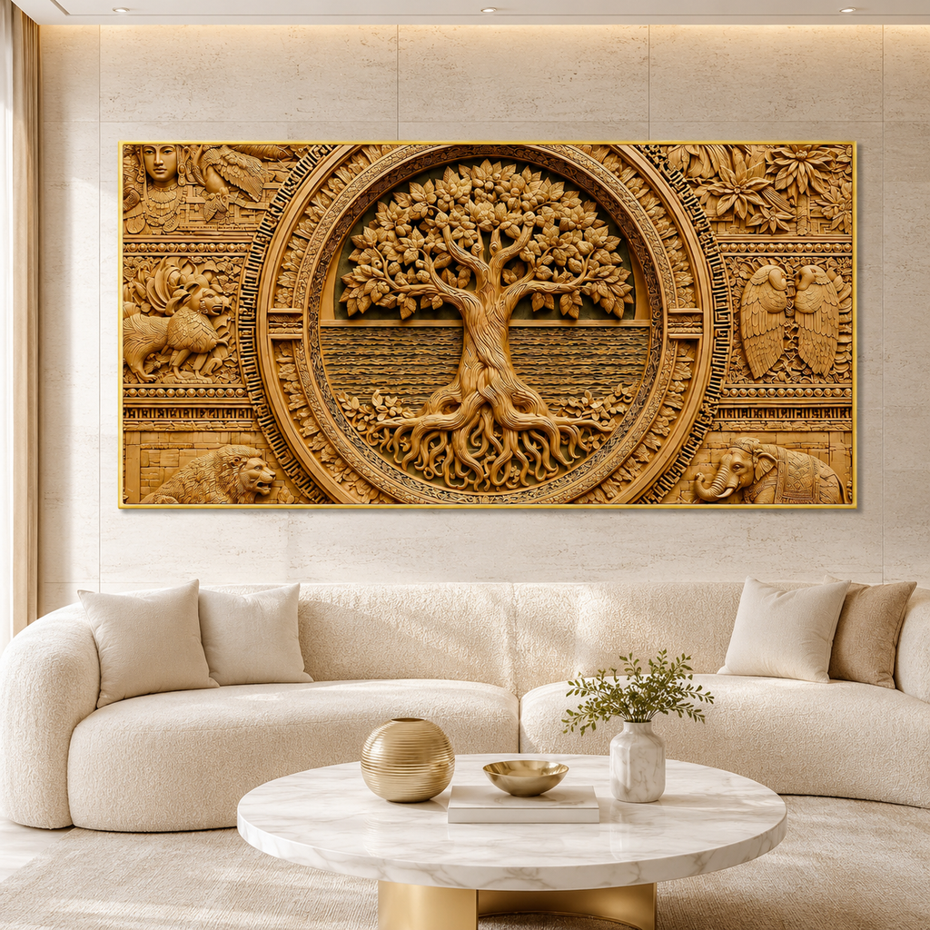 Luxury 3D Tree of Life Wall Art with Ancient Indian Motifs for Living Room Decor
