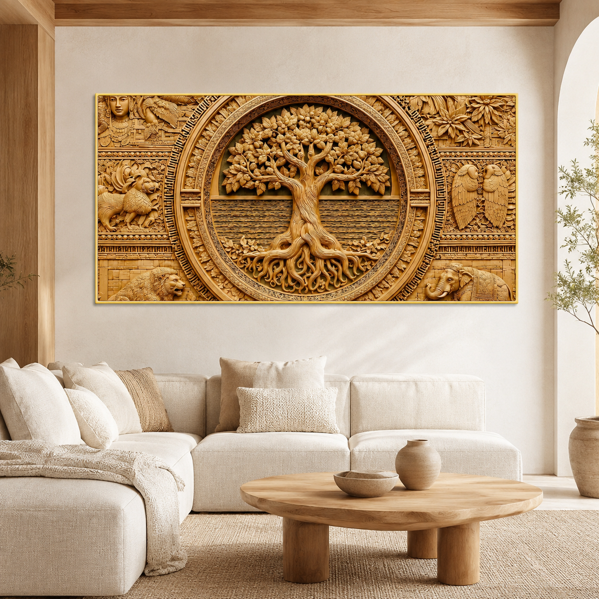 Luxury 3D Tree of Life Wall Art with Ancient Indian Motifs for Living Room Decor