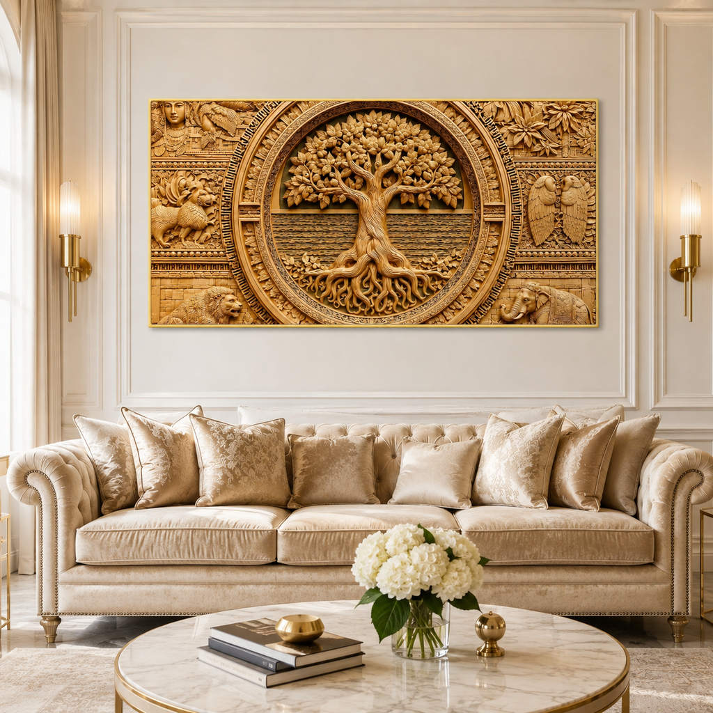 Luxury 3D Tree of Life Wall Art with Ancient Indian Motifs for Living Room Decor
