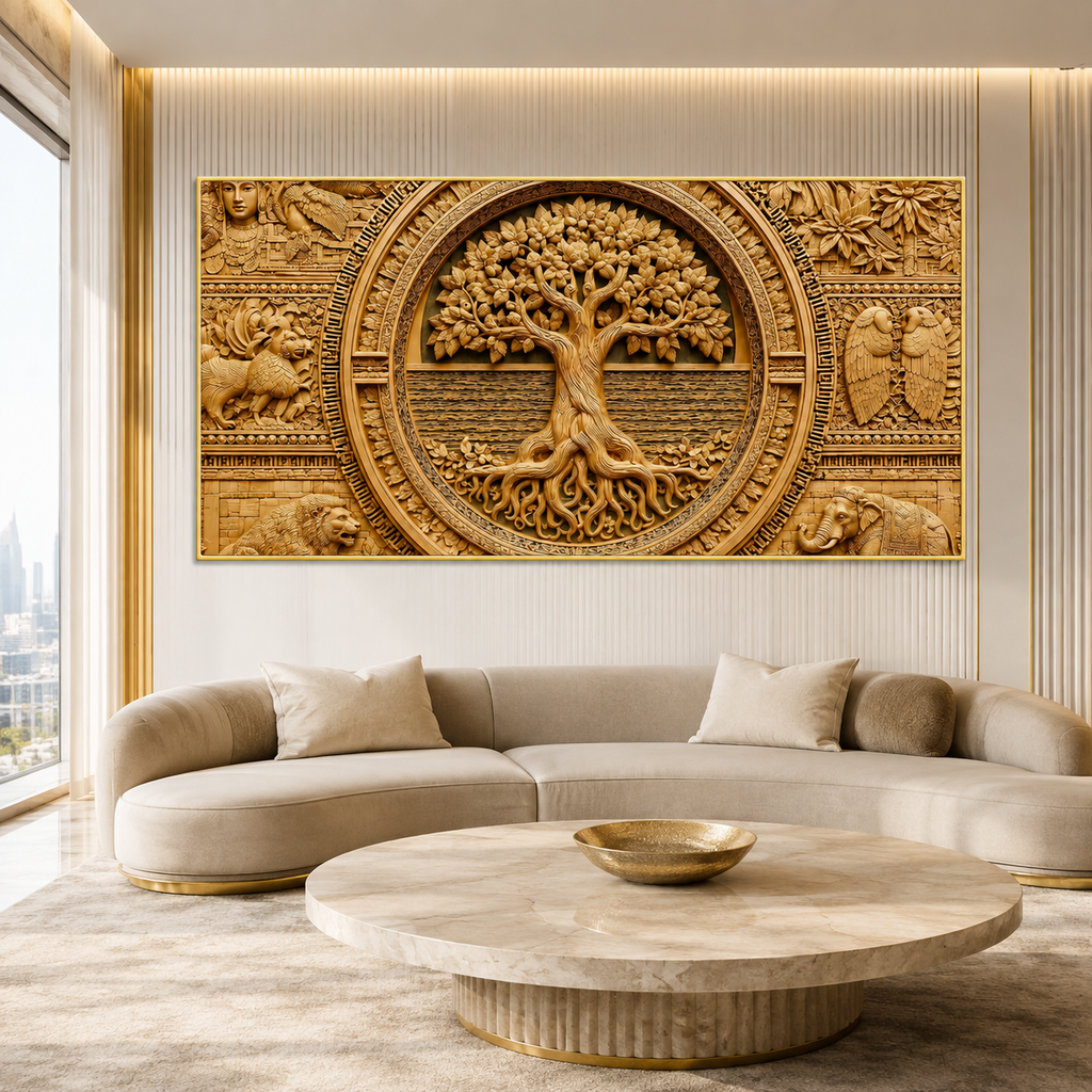 Luxury 3D Tree of Life Wall Art with Ancient Indian Motifs for Living Room Decor