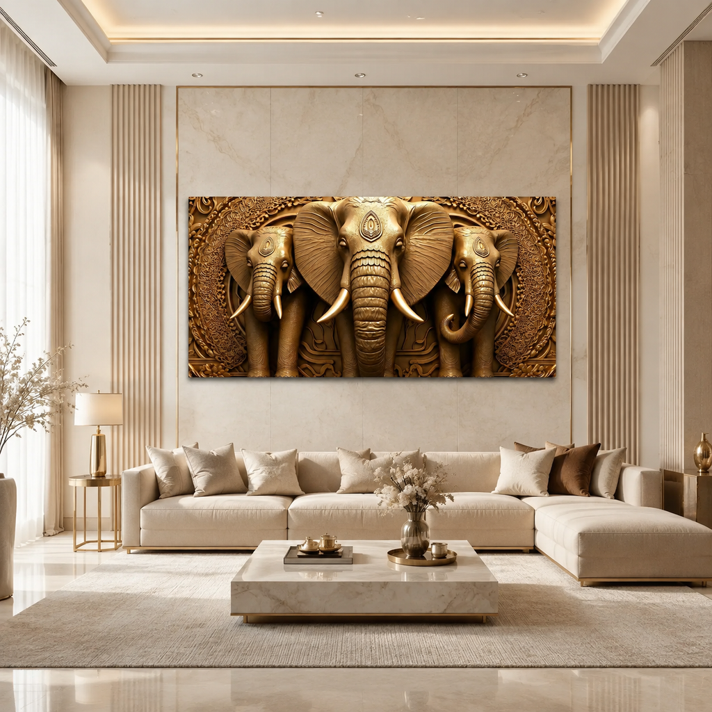 Premium Golden Elephant 3D Painting for Modern Luxury Interior Decor