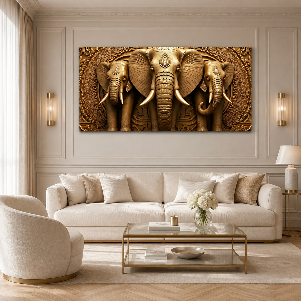 Premium Golden Elephant 3D Painting for Modern Luxury Interior Decor