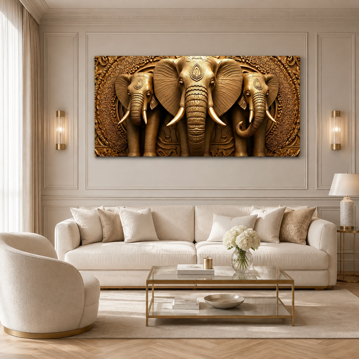 Premium Golden Elephant 3D Painting for Modern Luxury Interior Decor