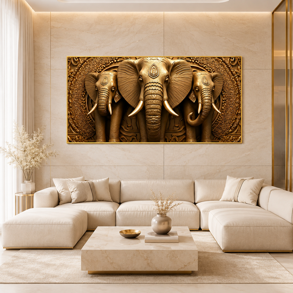 Premium Golden Elephant 3D Painting for Modern Luxury Interior Decor