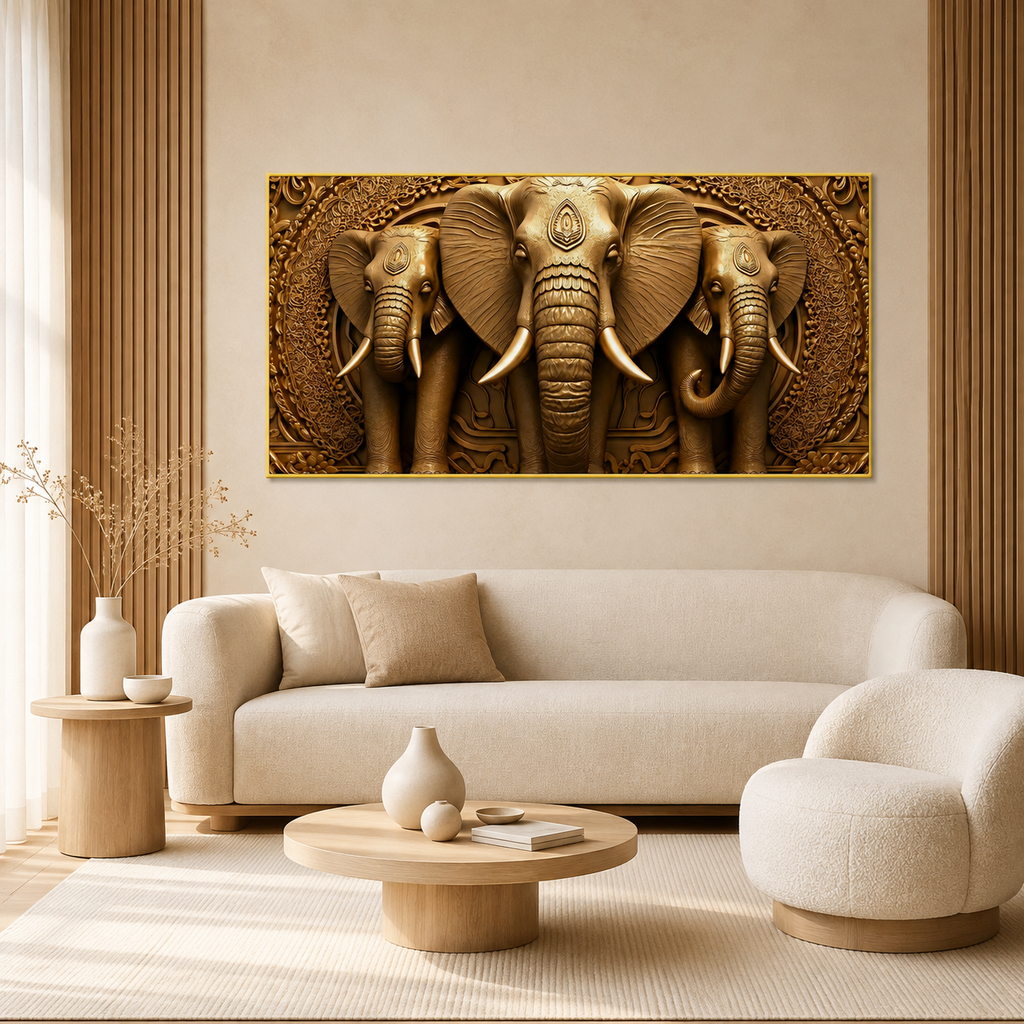 Premium Golden Elephant 3D Painting for Modern Luxury Interior Decor