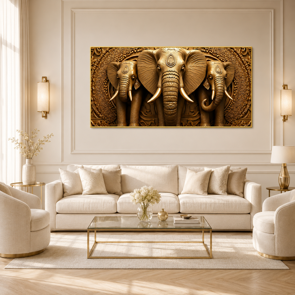Premium Golden Elephant 3D Painting for Modern Luxury Interior Decor