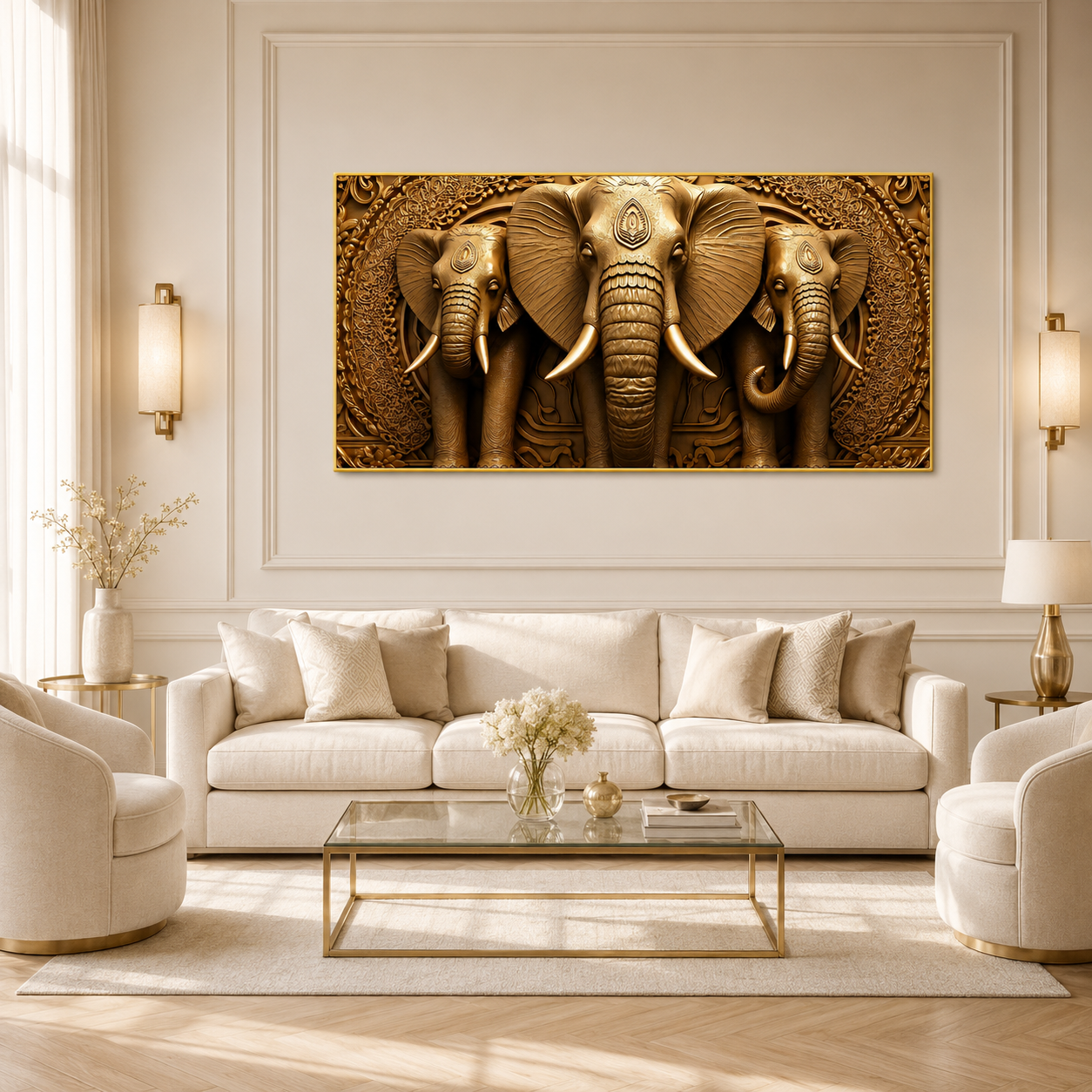 Premium Golden Elephant 3D Painting for Modern Luxury Interior Decor