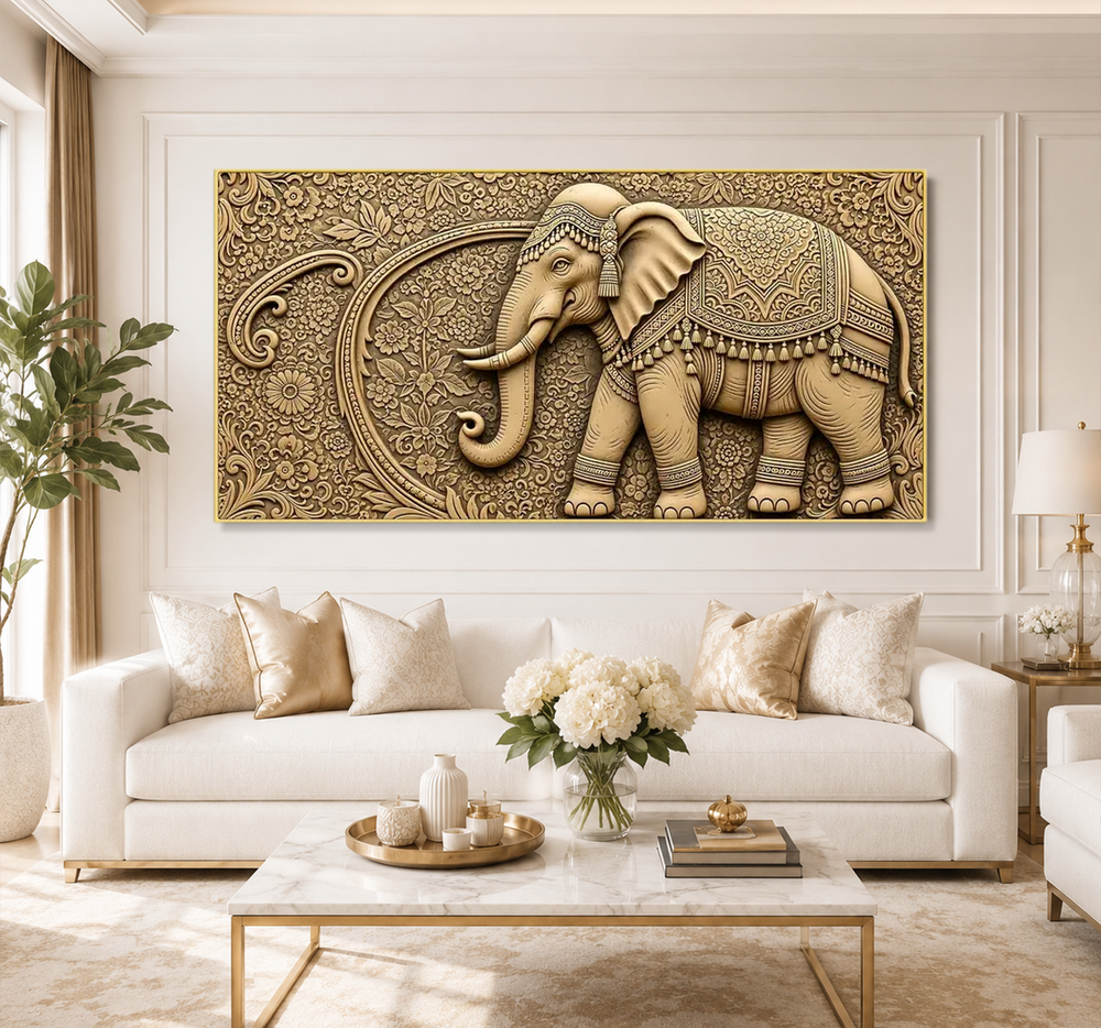 Antique Gold Elephant Wall Painting – Elegant 3D Artwork for Luxury Home Interiors
