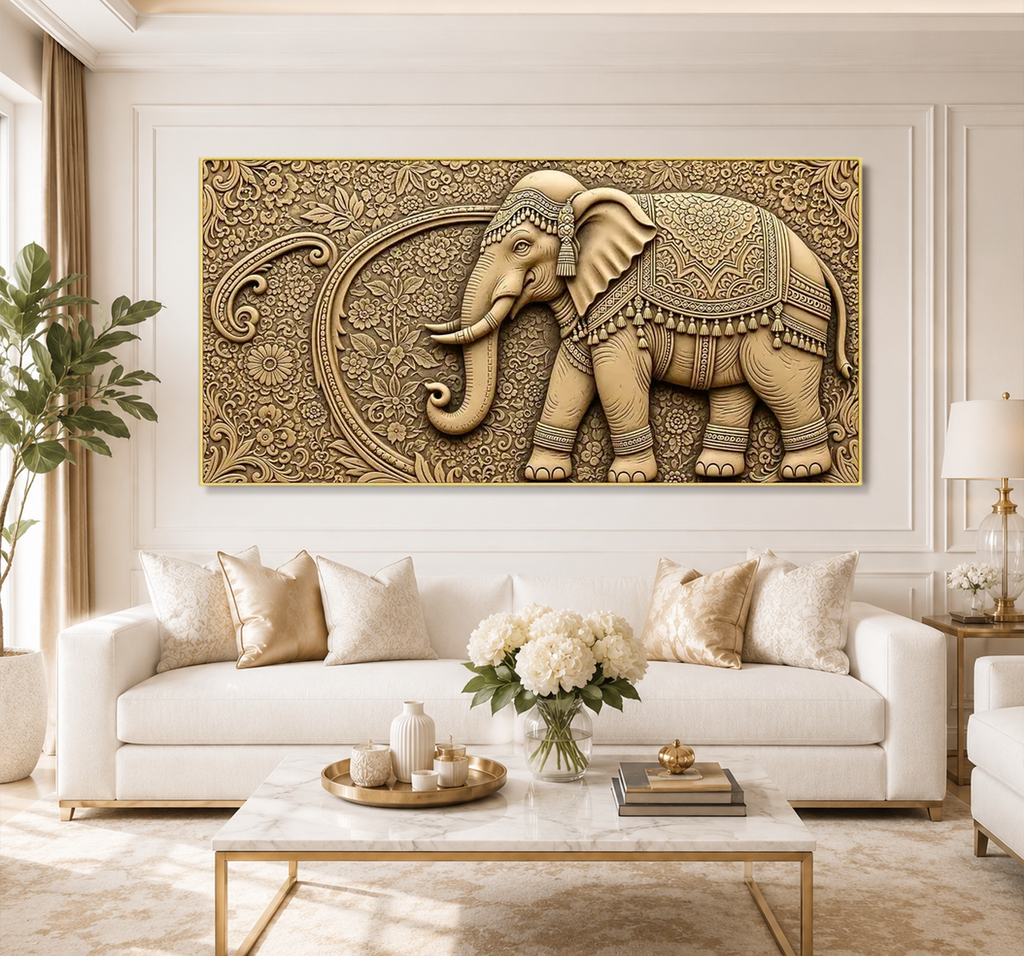 Antique Gold Elephant Wall Painting – Elegant 3D Artwork for Luxury Home Interiors