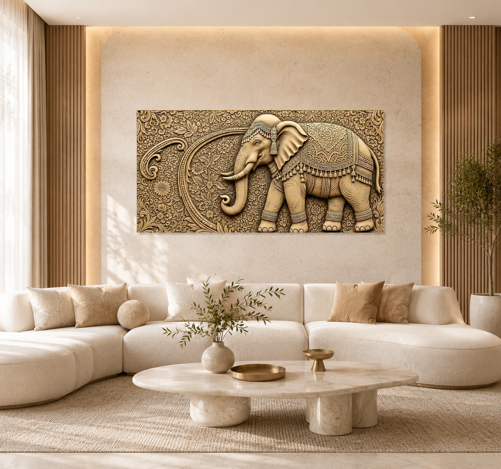Antique Gold Elephant Wall Painting – Elegant 3D Artwork for Luxury Home Interiors