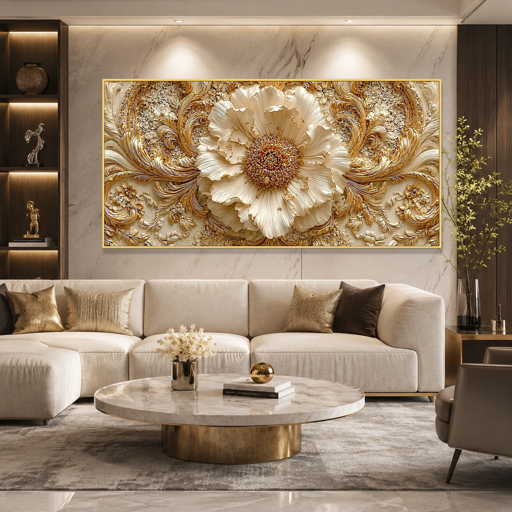 Royal 3D Floral Painting – White Flower & Golden Leaf Wall Art for Living Room