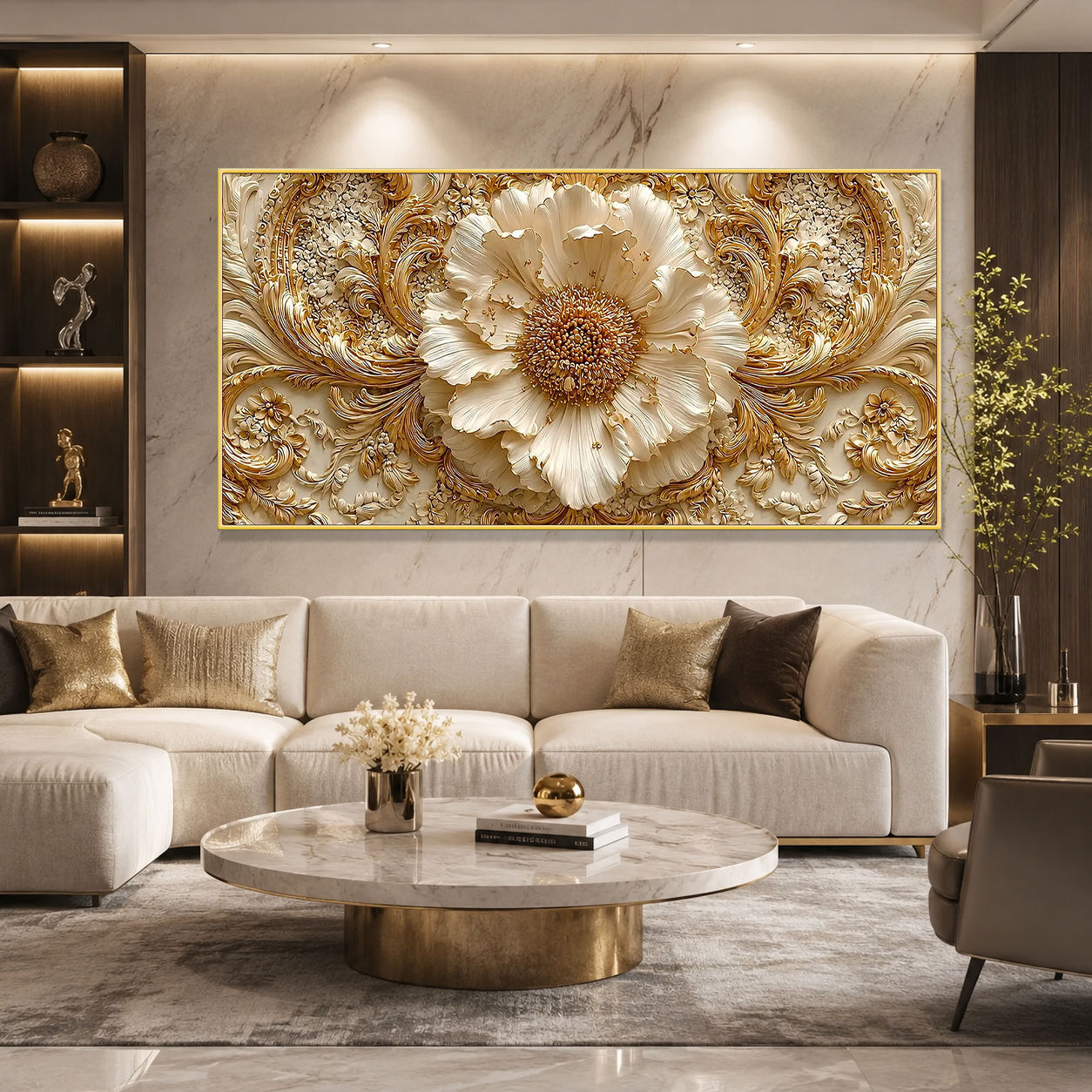 Royal 3D Floral Painting – White Flower & Golden Leaf Wall Art for Living Room