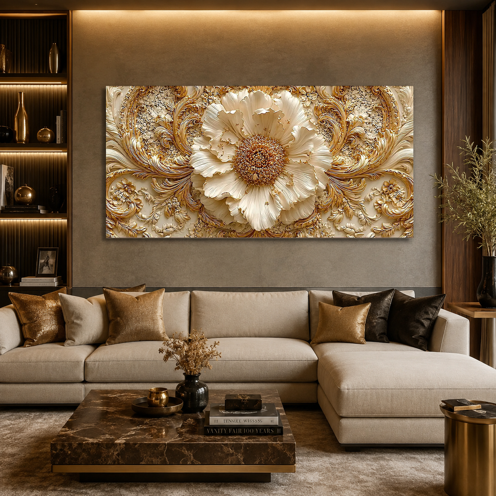 Royal 3D Floral Painting – White Flower & Golden Leaf Wall Art for Living Room
