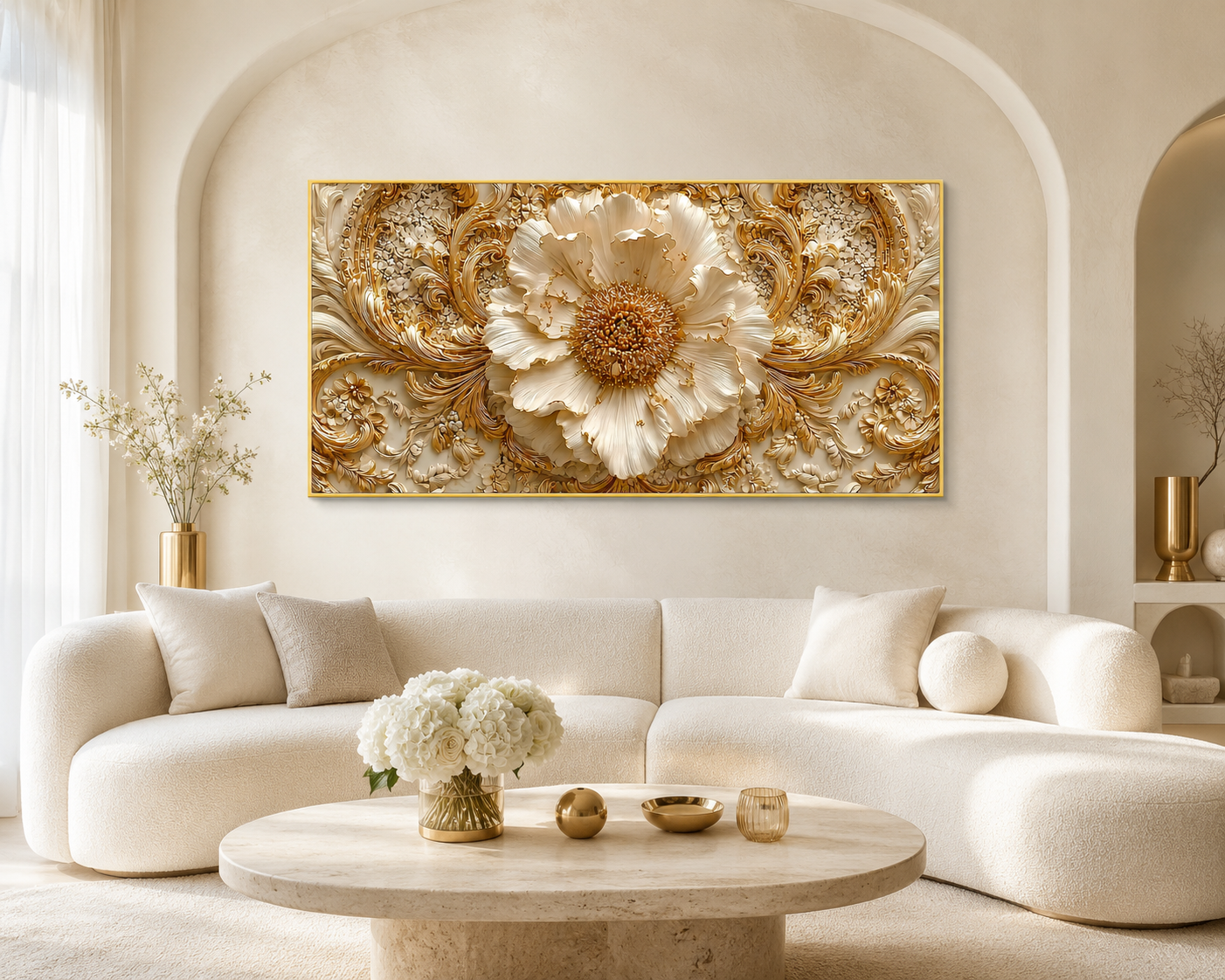 Royal 3D Floral Painting – White Flower & Golden Leaf Wall Art for Living Room
