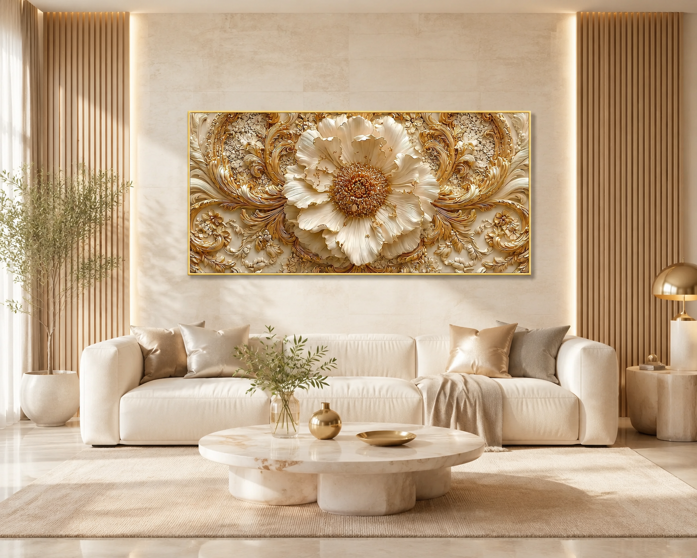 Royal 3D Floral Painting – White Flower & Golden Leaf Wall Art for Living Room