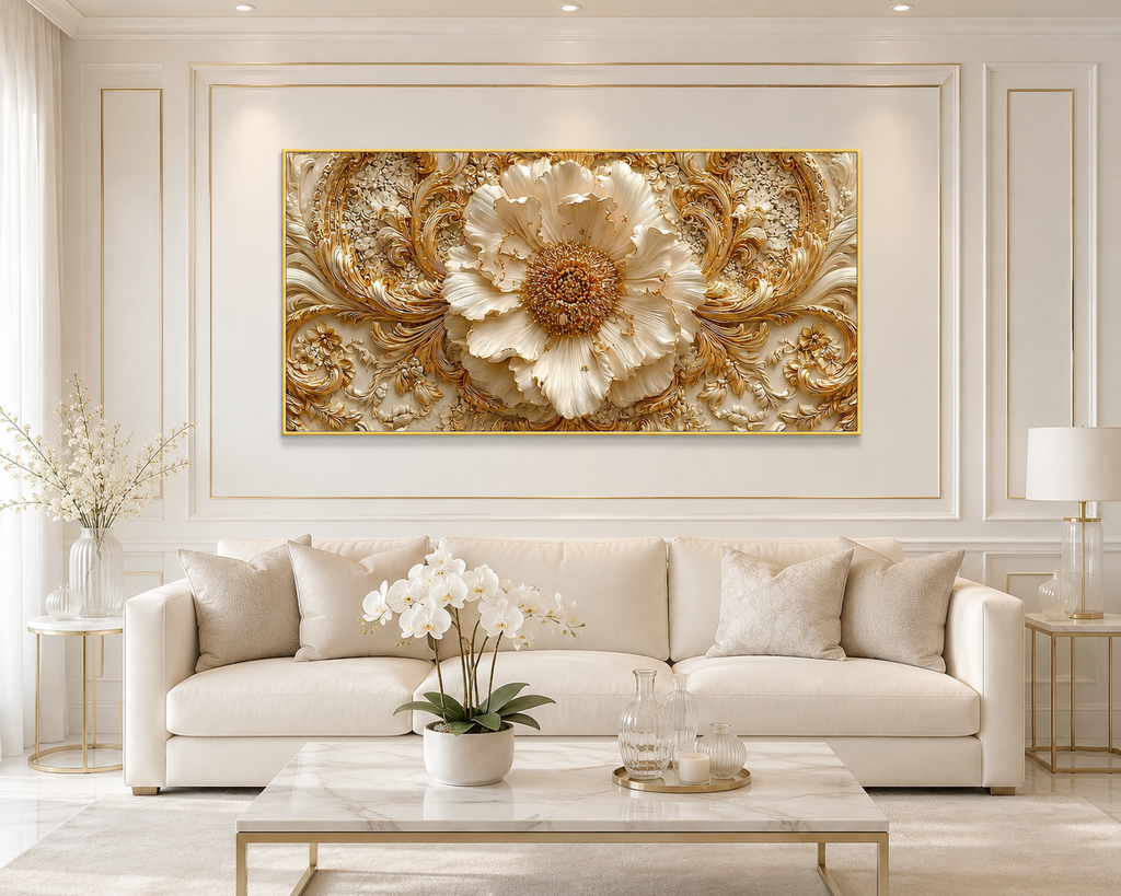 Royal 3D Floral Painting – White Flower & Golden Leaf Wall Art for Living Room