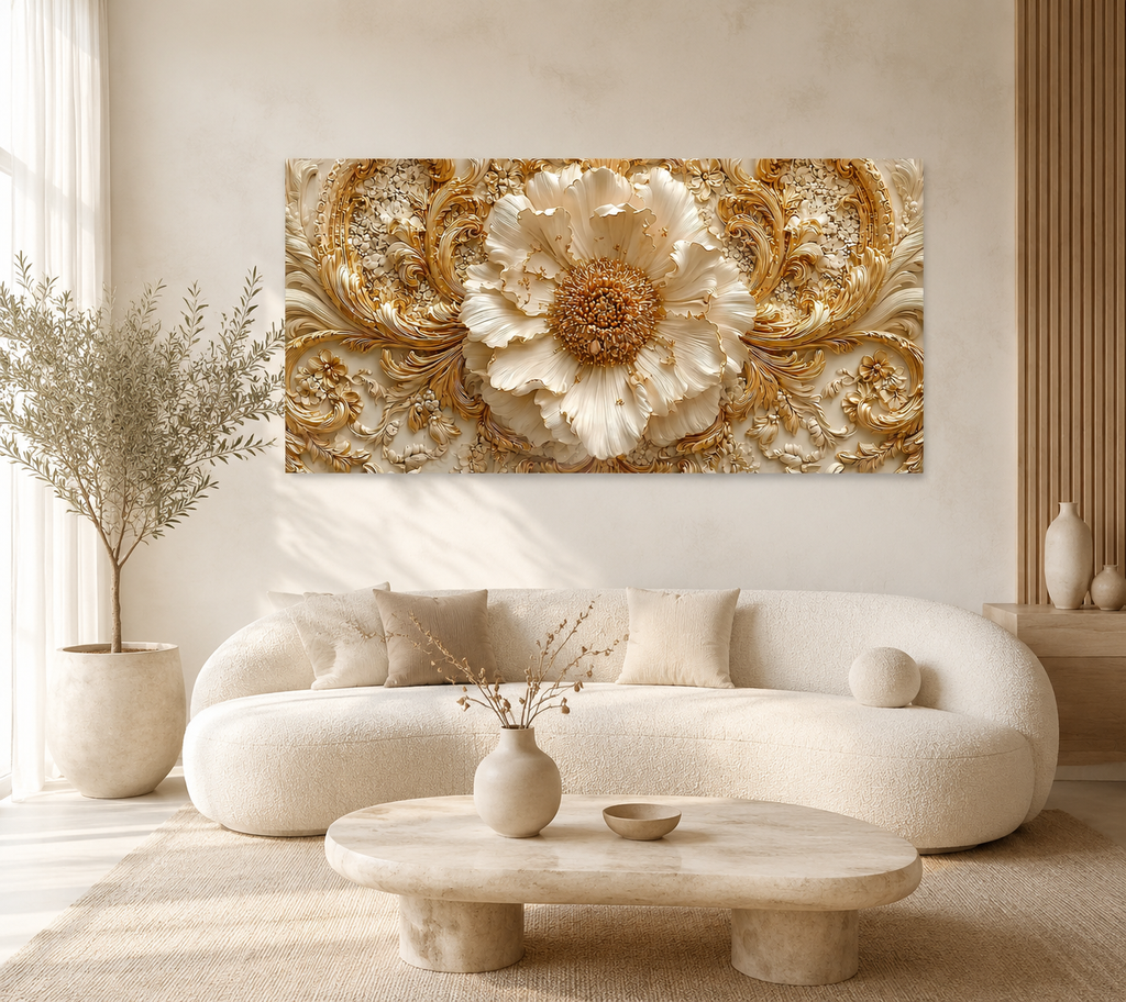 Royal 3D Floral Painting – White Flower & Golden Leaf Wall Art for Living Room