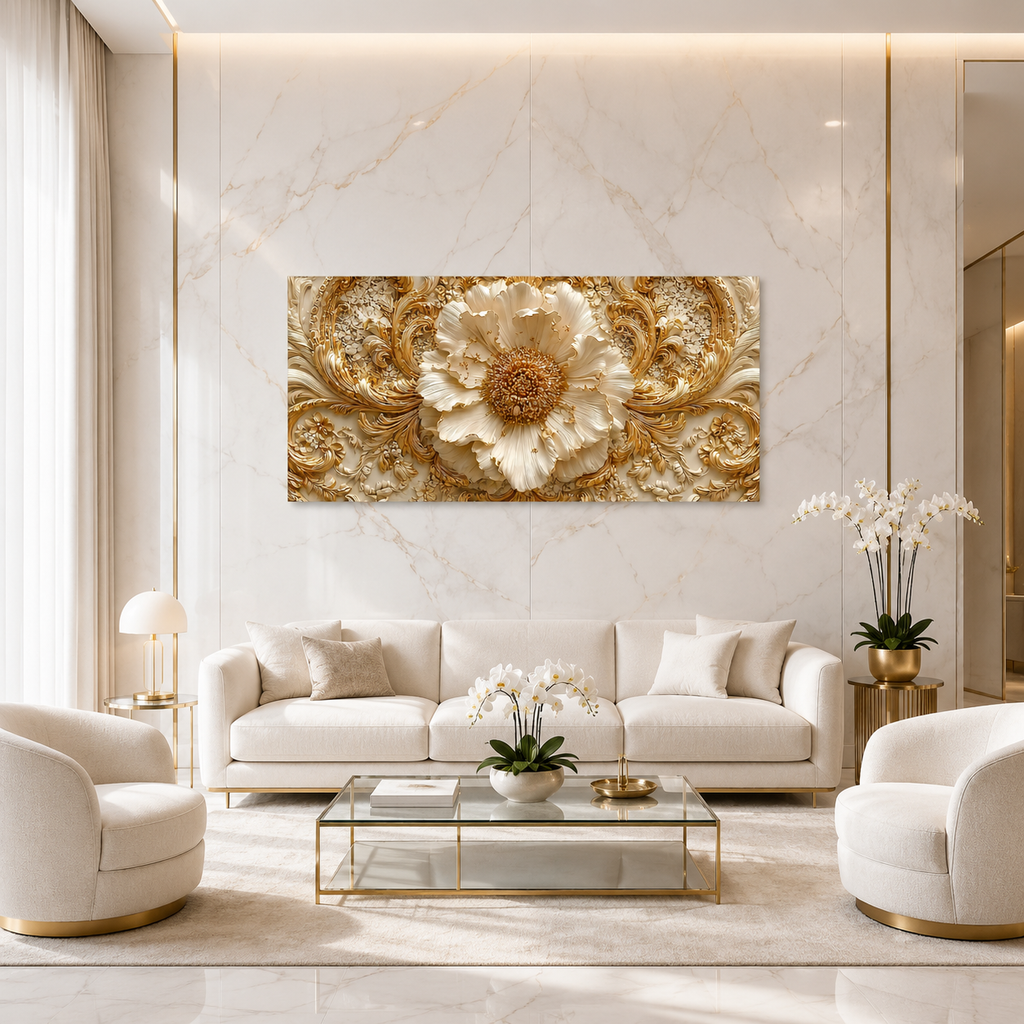 Royal 3D Floral Painting – White Flower & Golden Leaf Wall Art for Living Room