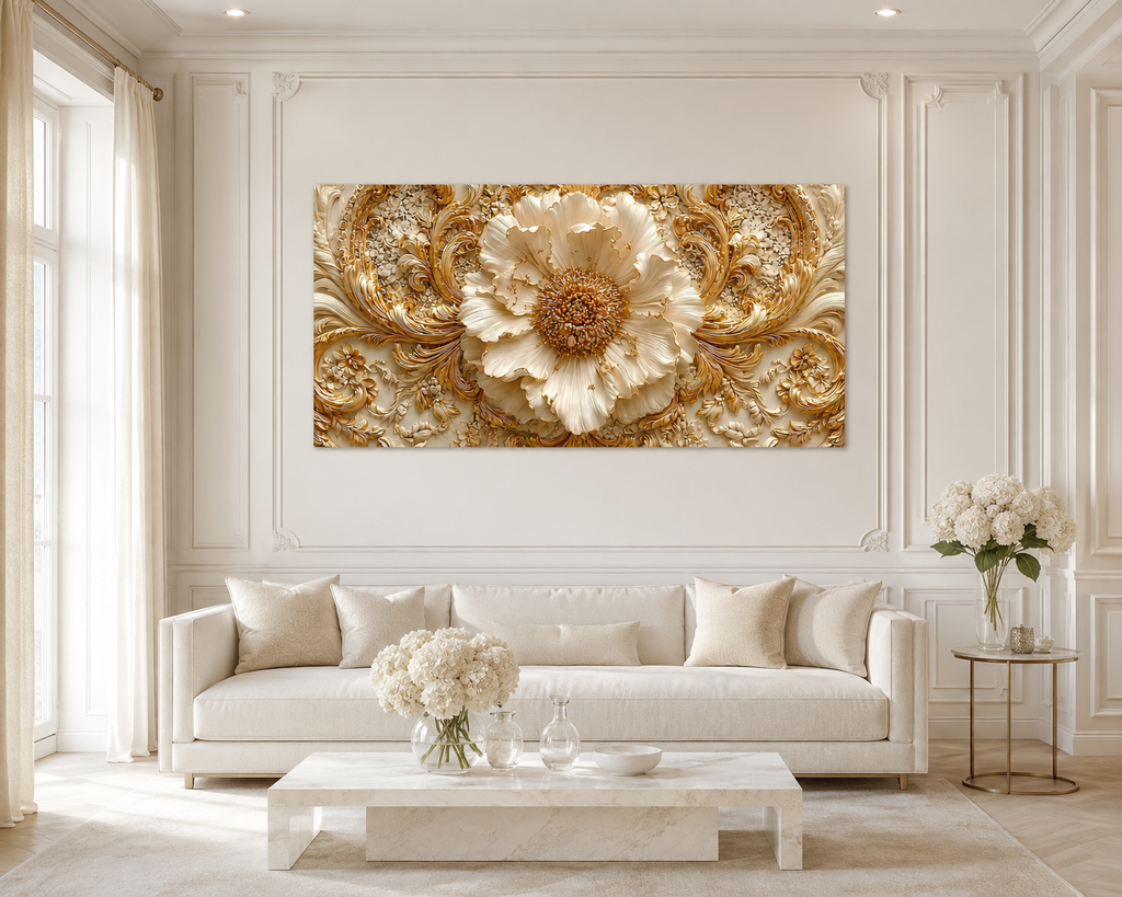 Royal 3D Floral Painting – White Flower & Golden Leaf Wall Art for Living Room