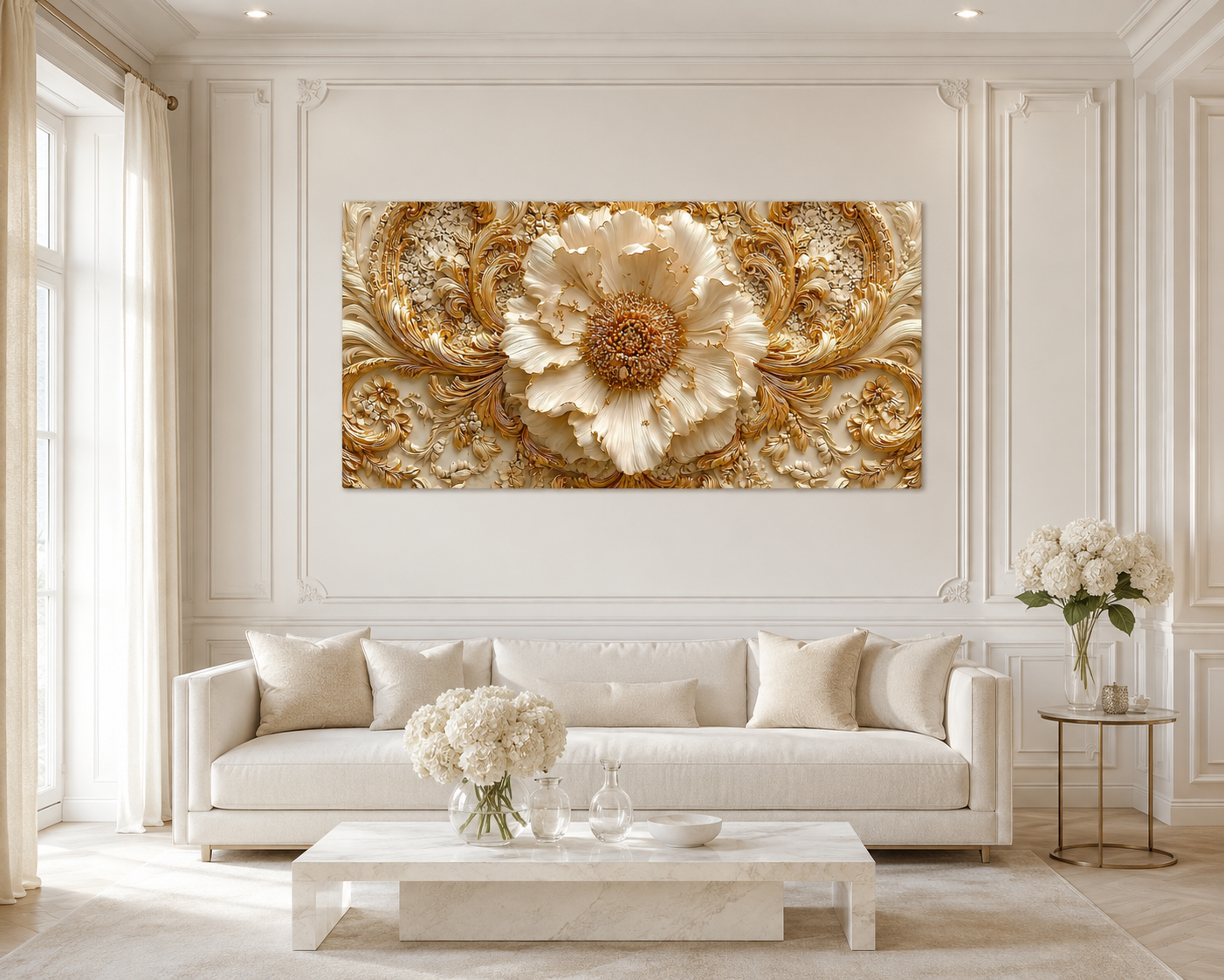 Royal 3D Floral Painting – White Flower & Golden Leaf Wall Art for Living Room