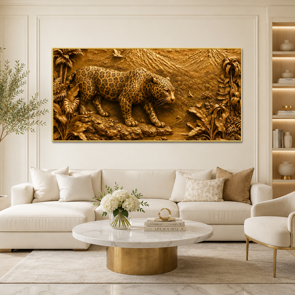 Luxury Jungle Leopard 3D Wall Painting with Nature-Inspired Textured Artwork for Home Decor