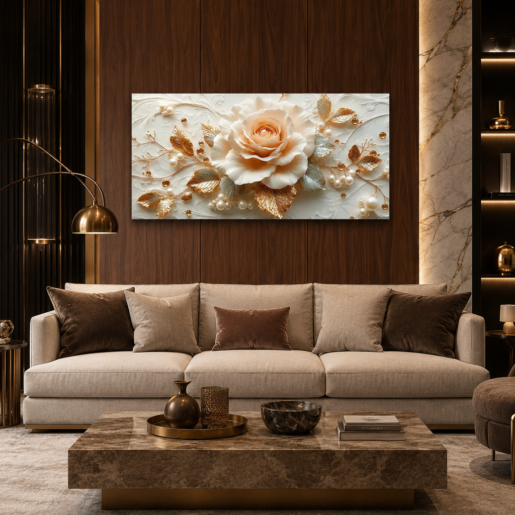 3D Cream Rose & Gold Leaves Canvas Wall Art Print Living Room