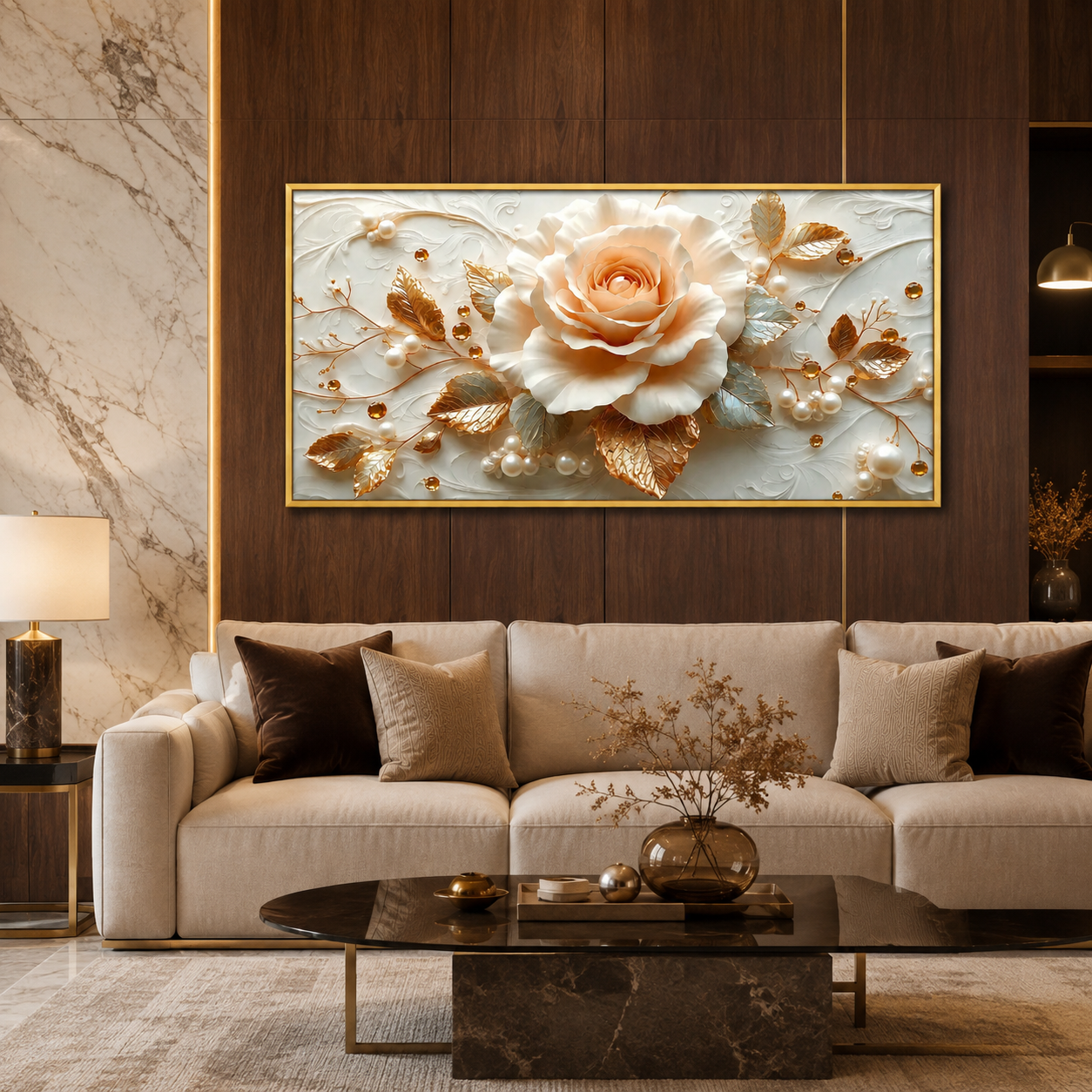 3D Cream Rose & Gold Leaves Canvas Wall Art Print Living Room