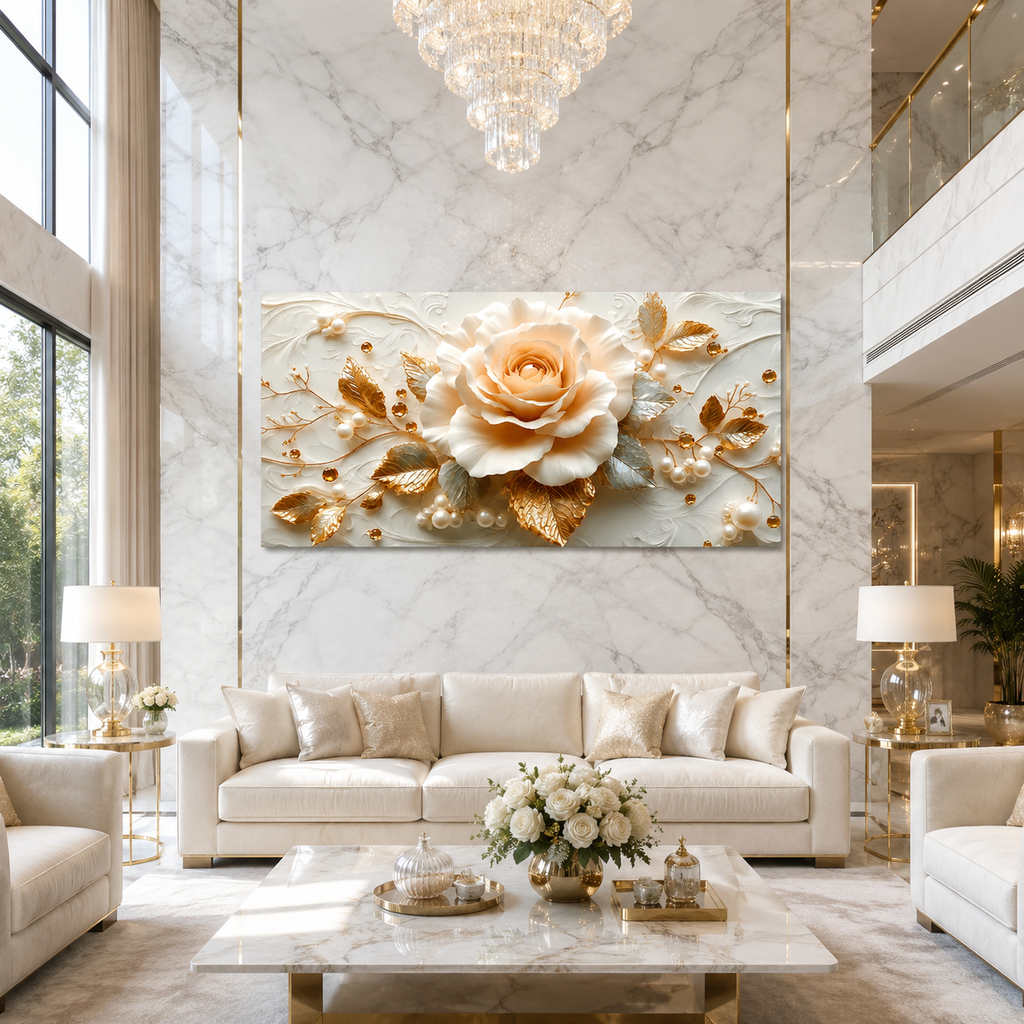 3D Cream Rose & Gold Leaves Canvas Wall Art Print Living Room