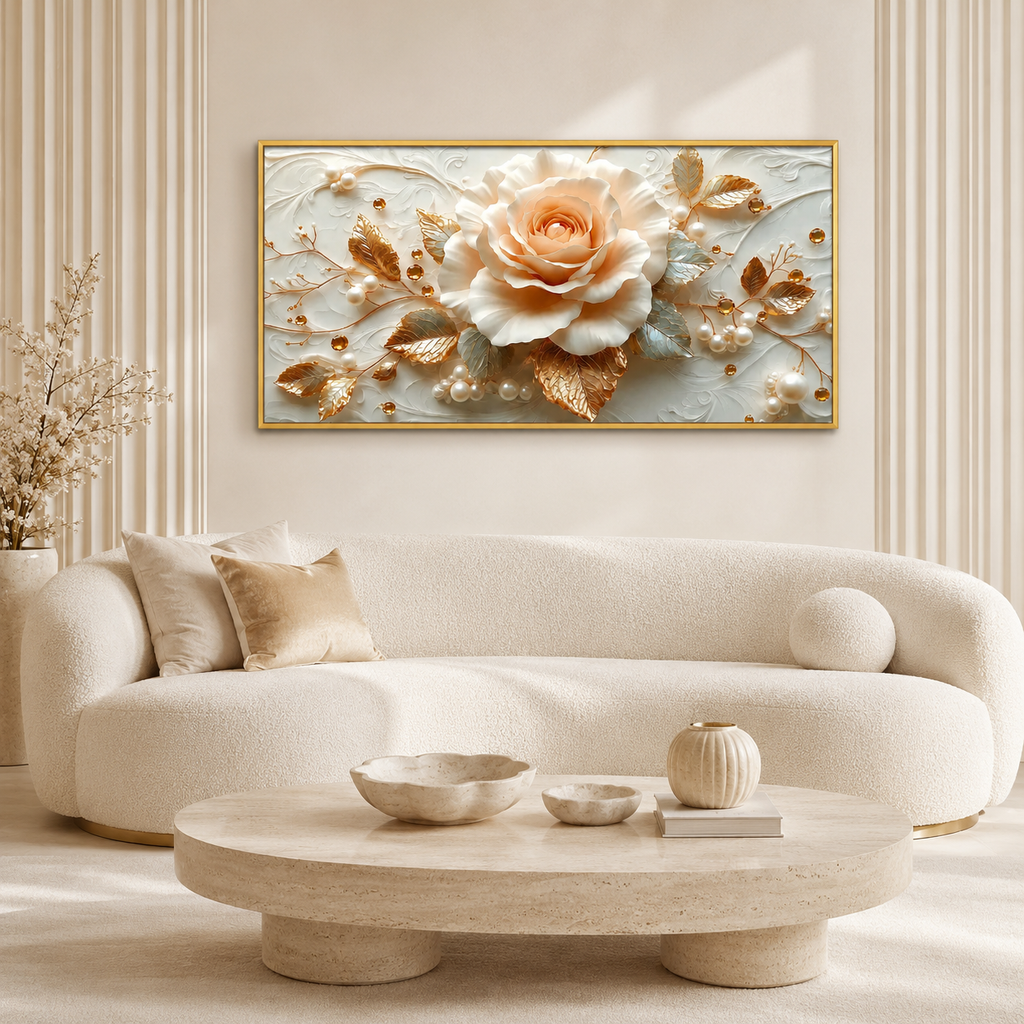 3D Cream Rose & Gold Leaves Canvas Wall Art Print Living Room