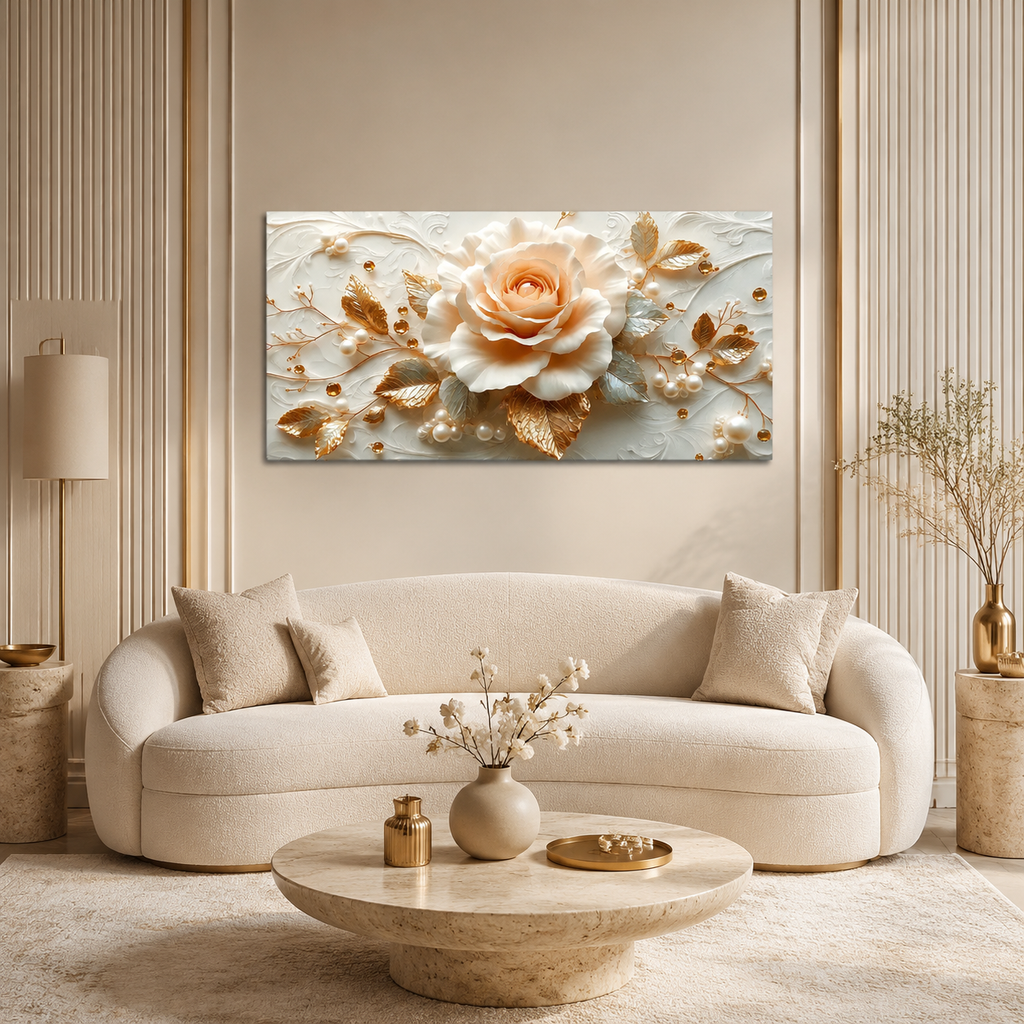 3D Cream Rose & Gold Leaves Canvas Wall Art Print Living Room