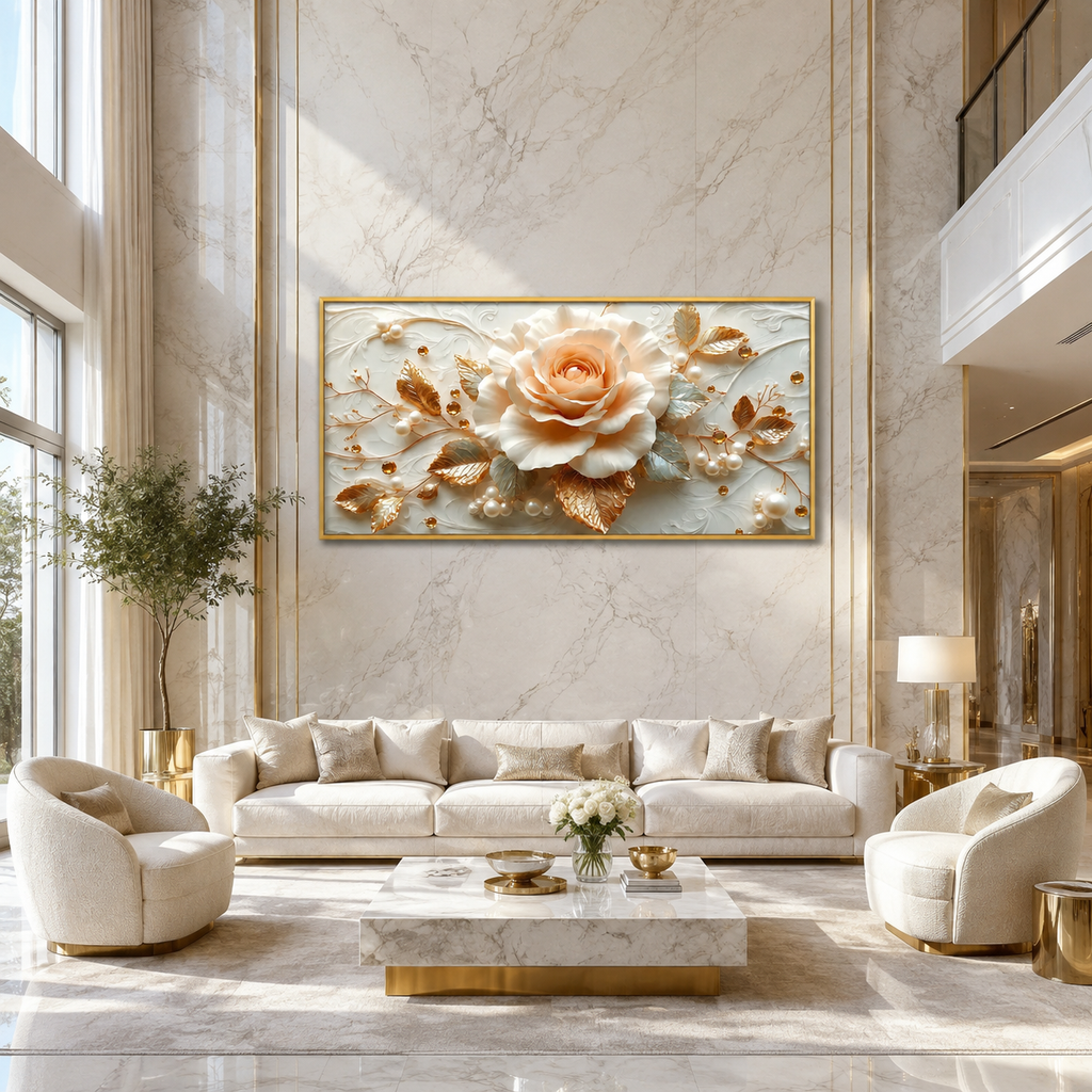 3D Cream Rose & Gold Leaves Canvas Wall Art Print Living Room