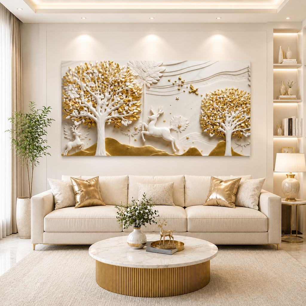Artistic 3D Golden Deer Embossed Canvas Frame Wall Decor Art
