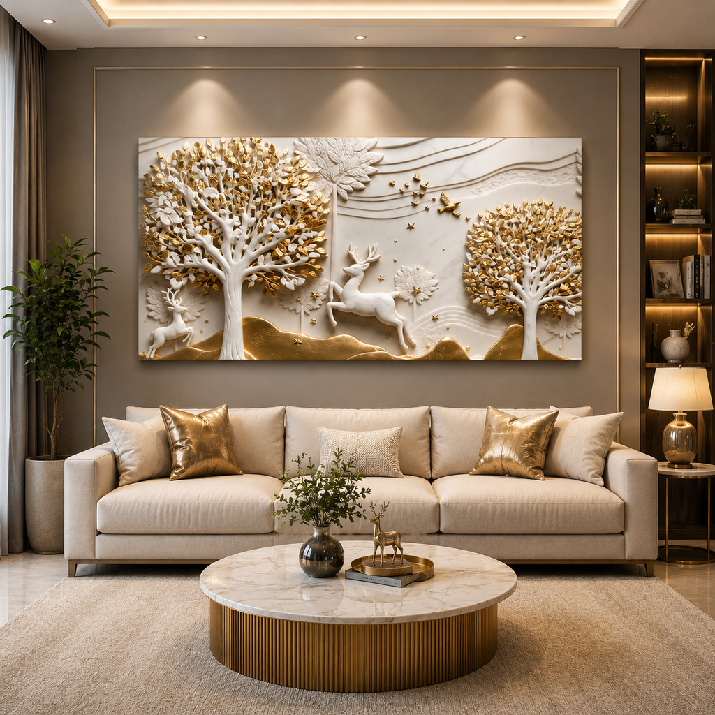 Artistic 3D Golden Deer Embossed Canvas Frame Wall Decor Art